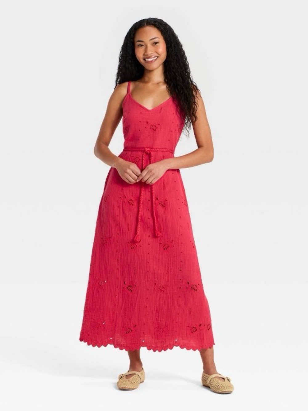 Women’s Crafted Midi Red Eyelet SunDress with Tie Waist